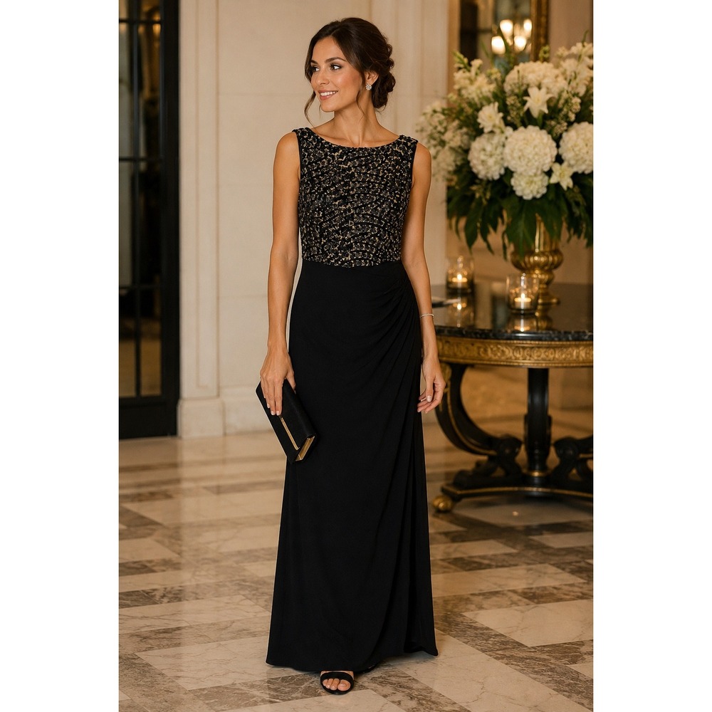 Lauren Ralph Lauren Black Sequin Bodice Ruched Side Formal Evening Gown Size 6‎